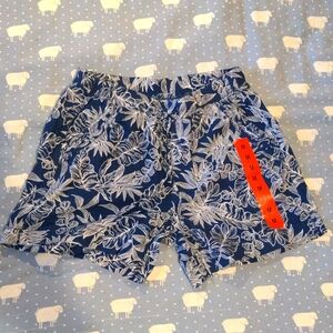 Briggs Shorts Size Medium Navy Blue White Tropical Floral Print Linen Blend